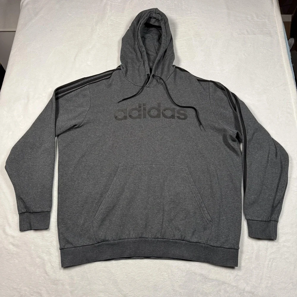 Adidas Hoodie Mens 2XL Gray Pullover Fleece 3 Stripes Logo Sweatshirt‎ Athletic